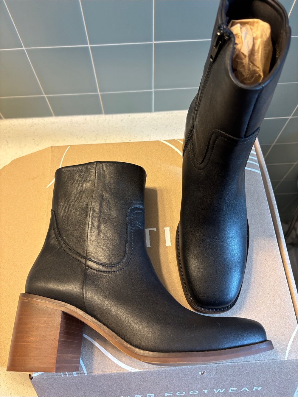 Women's Black Leather Mid-Calf Heeled Boots with Wooden Block Heel